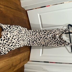 Cheetah print satin scoopneck spaghetti strap dress